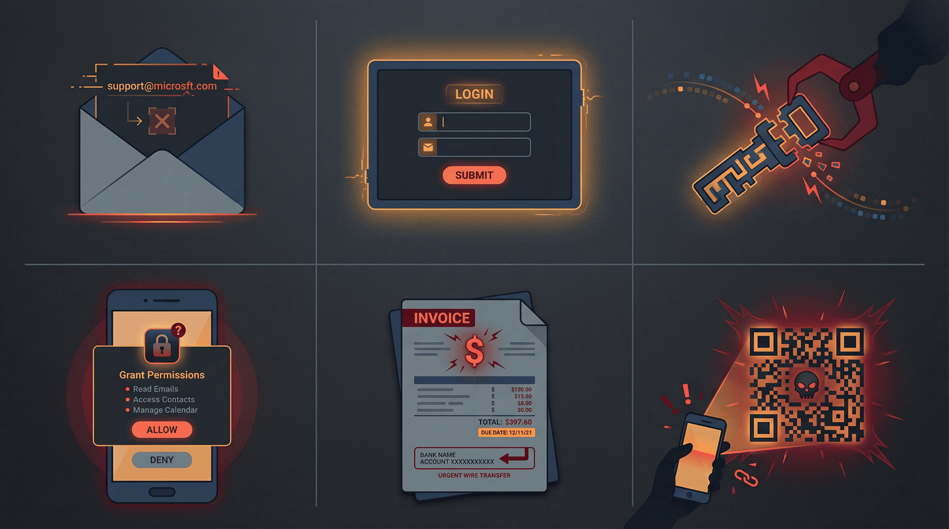 Six phishing attack types visualized: domain spoofing, credential theft, token hijack, OAuth abuse, BEC fraud, and quishing