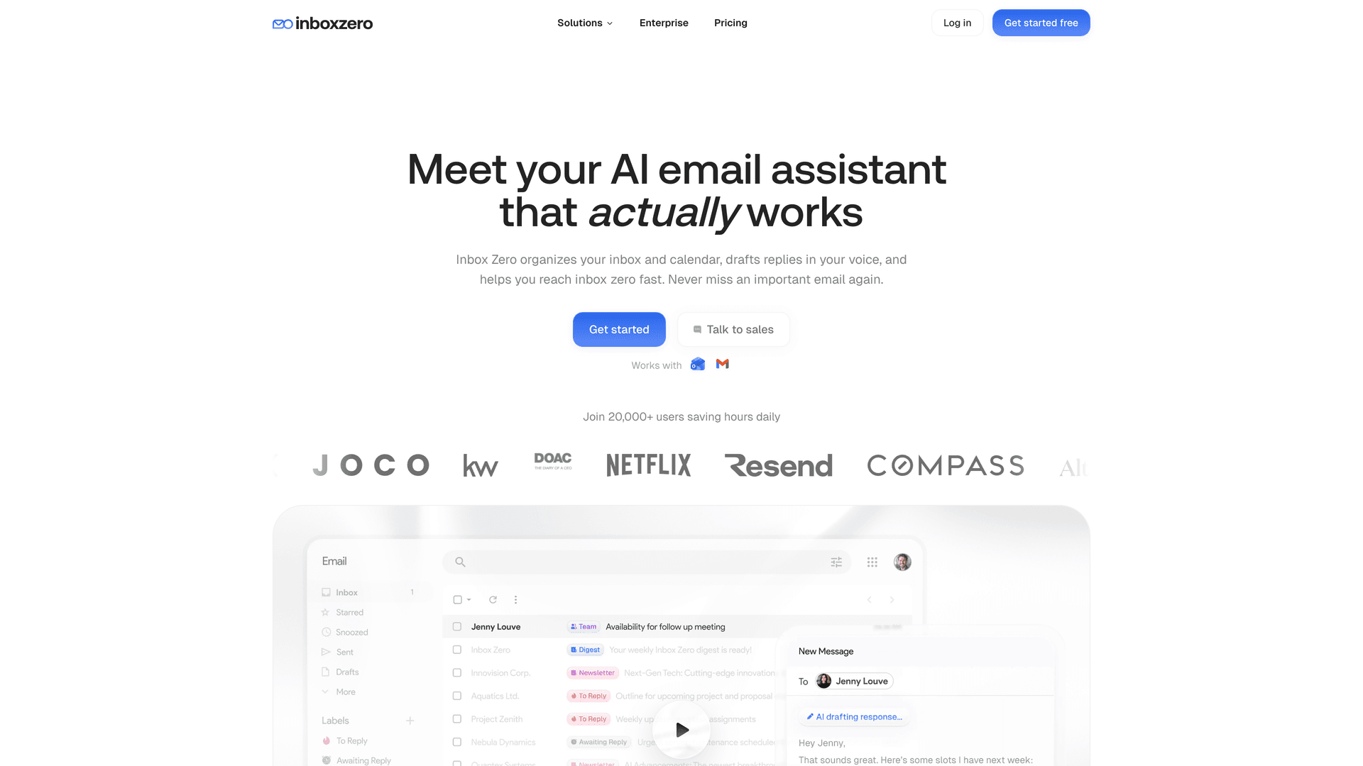 Inbox Zero homepage showing its AI email assistant with Gmail UI preview and 20,000+ users social proof