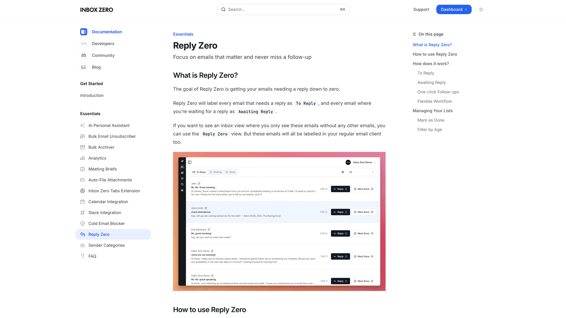 Inbox Zero Reply Zero documentation page showing To Reply and Awaiting Reply labels with real product interface screenshot