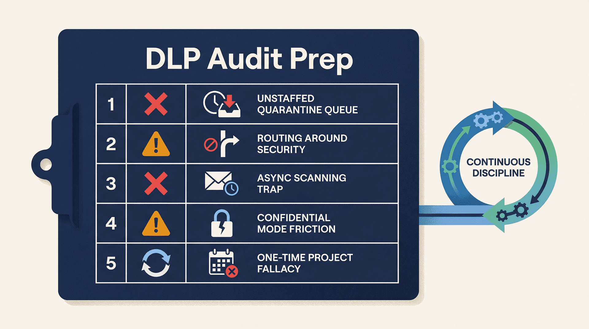 An editorial illustration of a DLP security audit checklist on a clipboard with five items marked as common mistakes, each showing a red X or warning icon, on a clean minimal tech-themed background