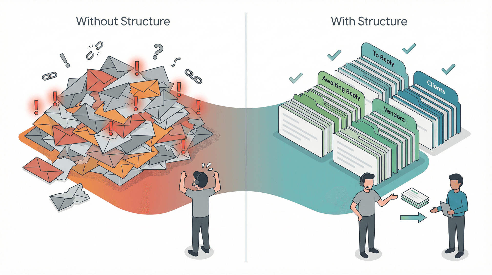 Split illustration contrasting a chaotic unstructured inbox at departure versus a clean labeled inbox enabling smooth handoff