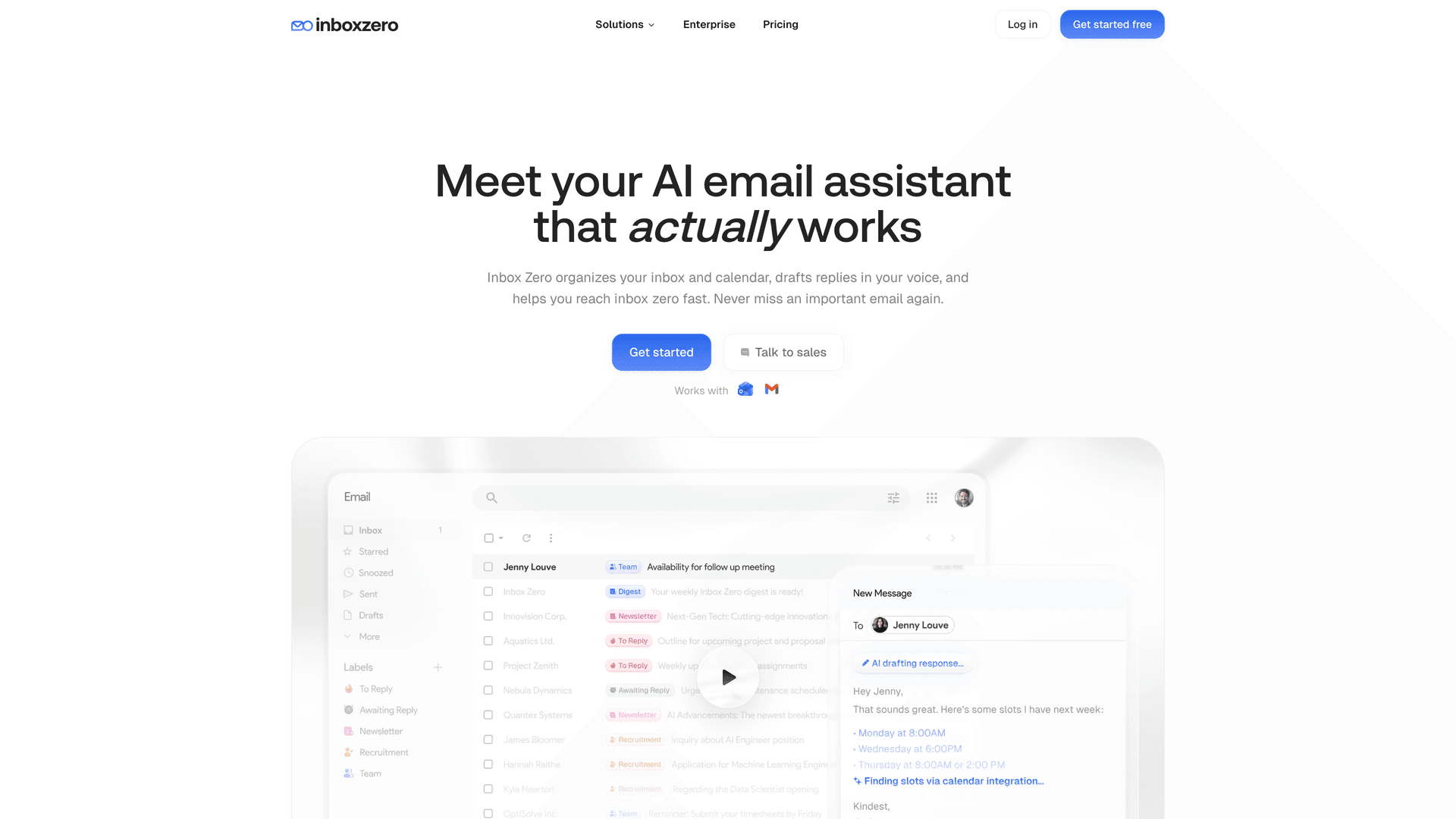 Inbox Zero homepage showing the AI email assistant product with To Reply and Awaiting Reply labels inside a Gmail-style dashboard