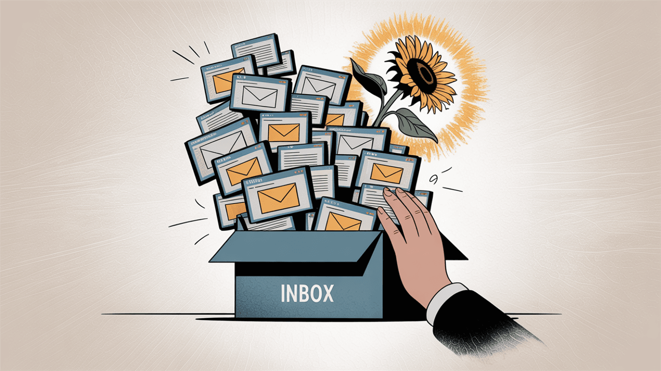 Professional illustration showing inbox exploding with overwhelming emails causing stress burst, depicting email-related burnout and fatigue