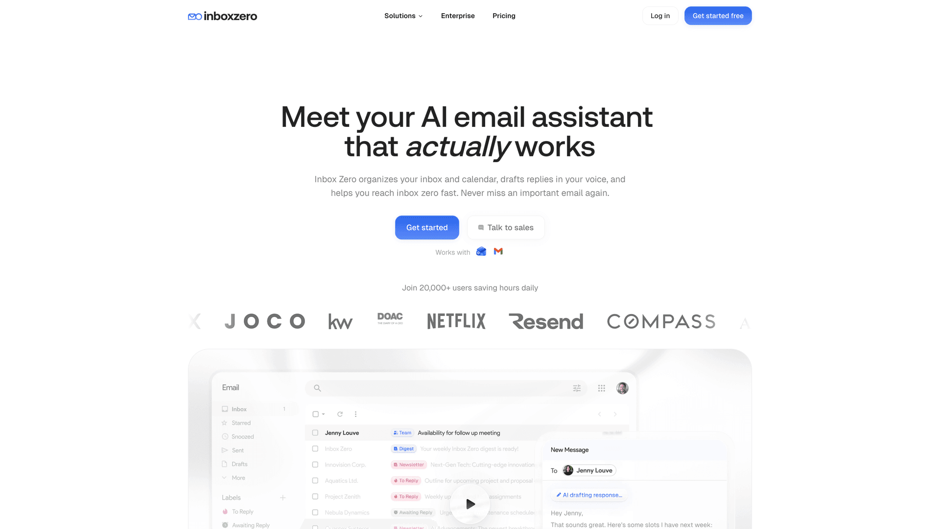 Inbox Zero homepage showing AI email assistant hero section with Get Started CTA and product dashboard preview