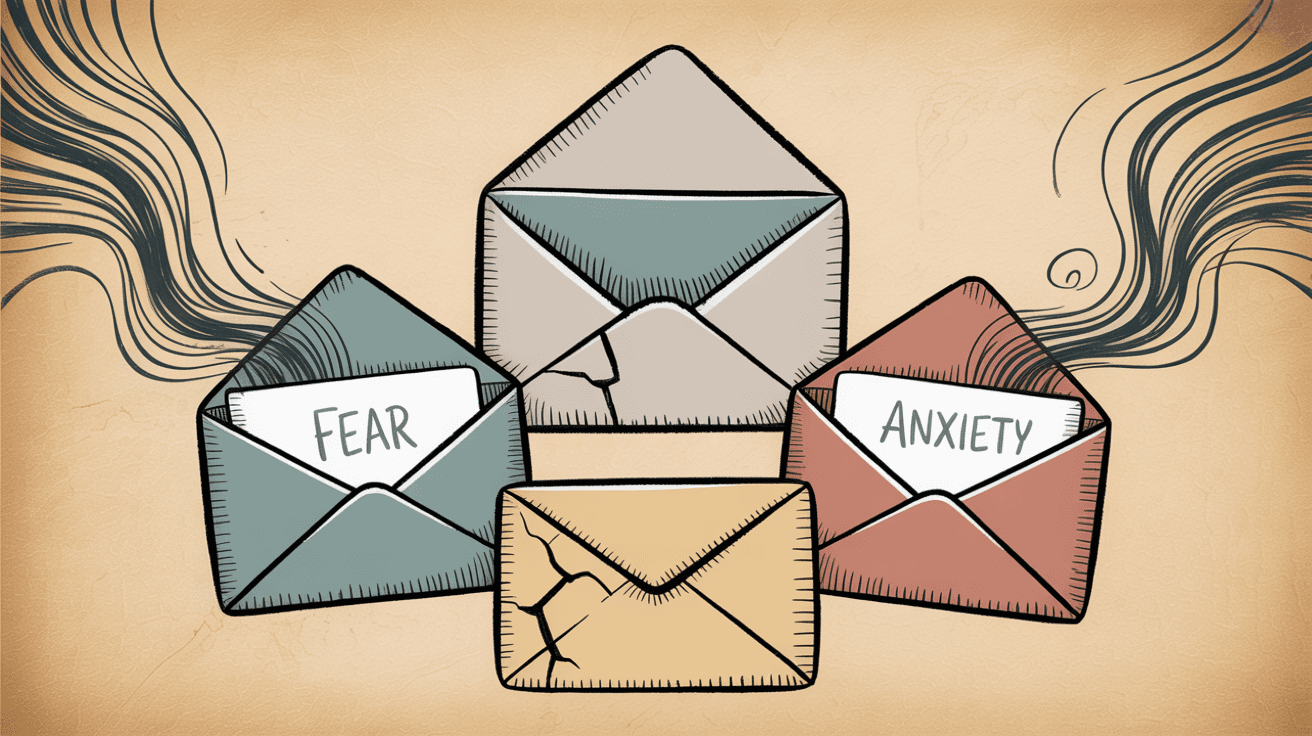 Visual representation of three types of email anxiety - fear of sending, fear of opening, and overwhelm from volume